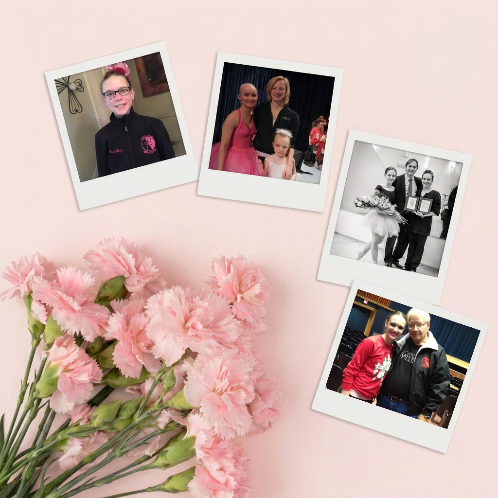 Snapshots of scholarship recipients and award presentations arranged with pink carnations