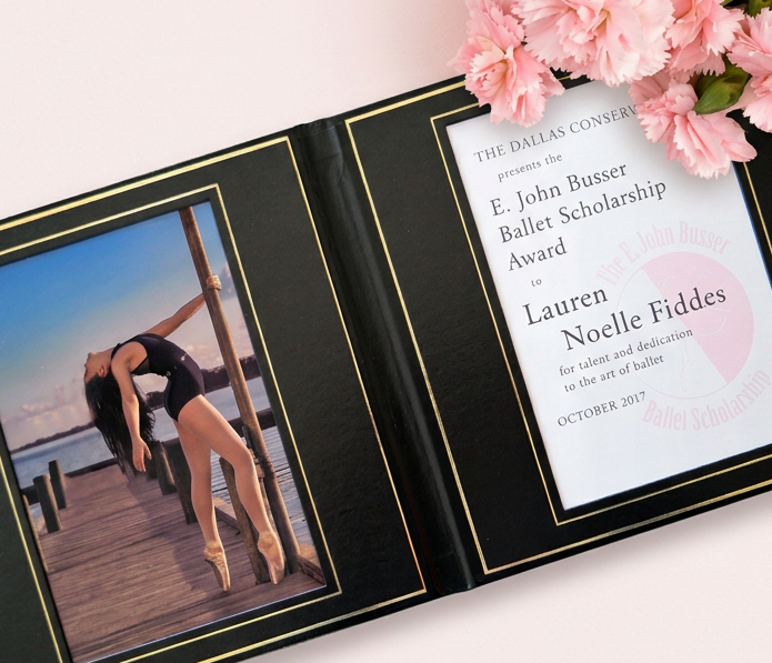 An E. John Busser Ballet Scholarship award certificate presented to Lauren Noelle Fiddes in 2017, displayed beside a photograph of her dancing