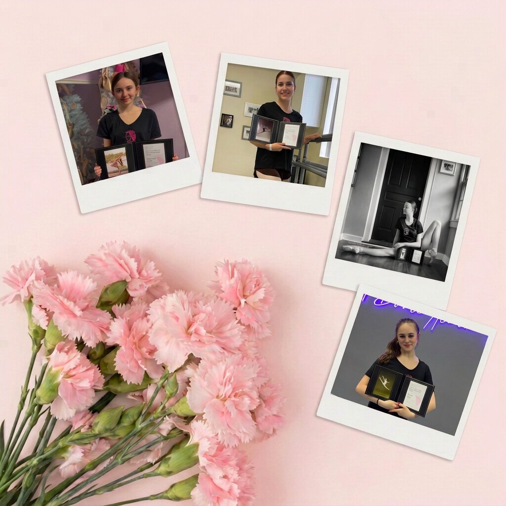 Polaroid photographs of E. John Busser Ballet Scholarship recipients holding their awards